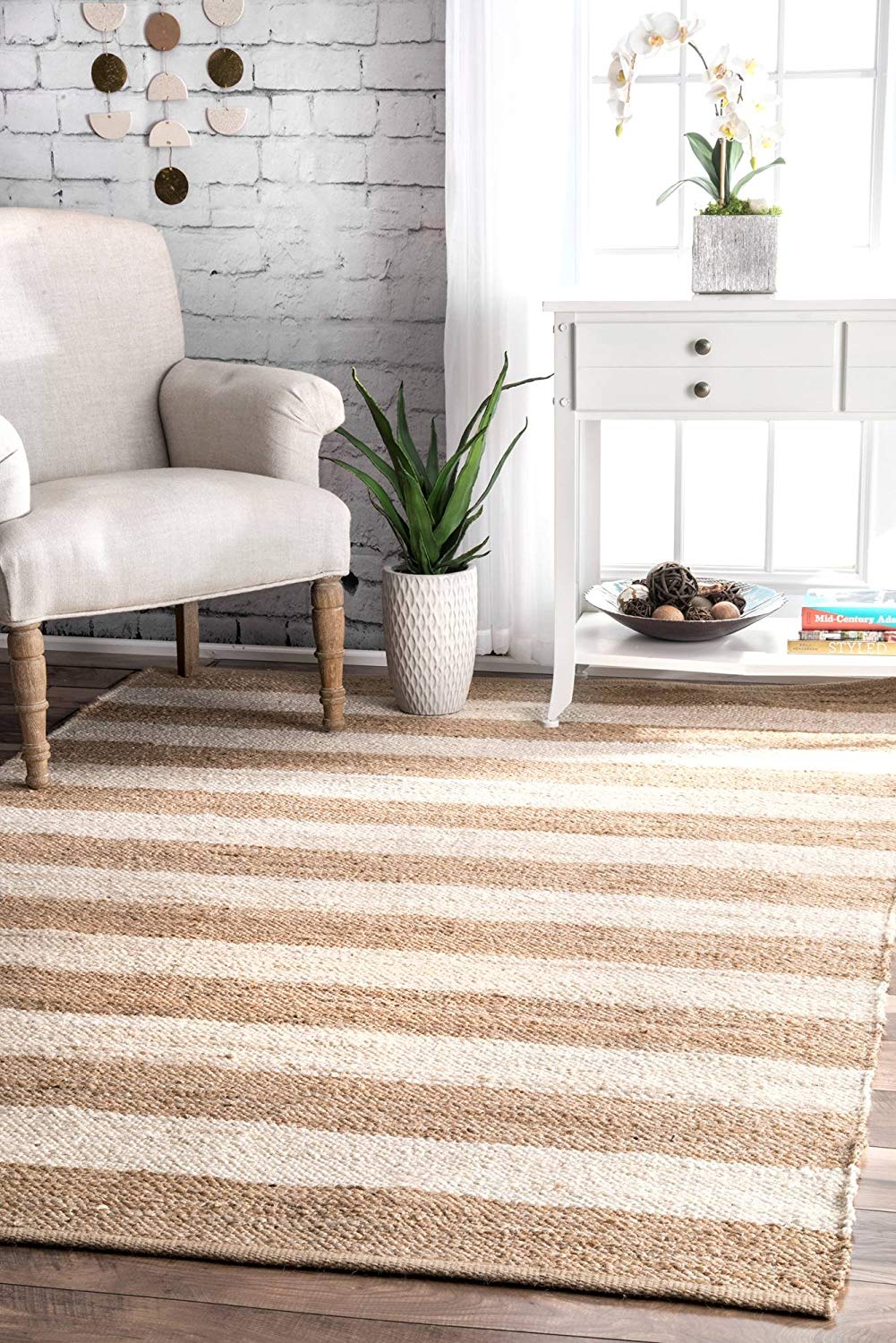 White Beige Jute Braided Area Rugfor Living Room – Striped handmade by LoomifyHome