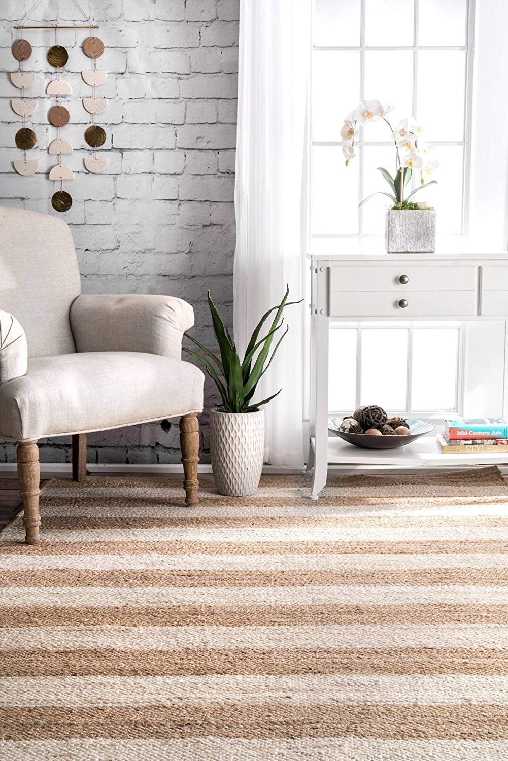 White Beige Jute Braided Area Rugfor Living Room – Striped handmade by LoomifyHome