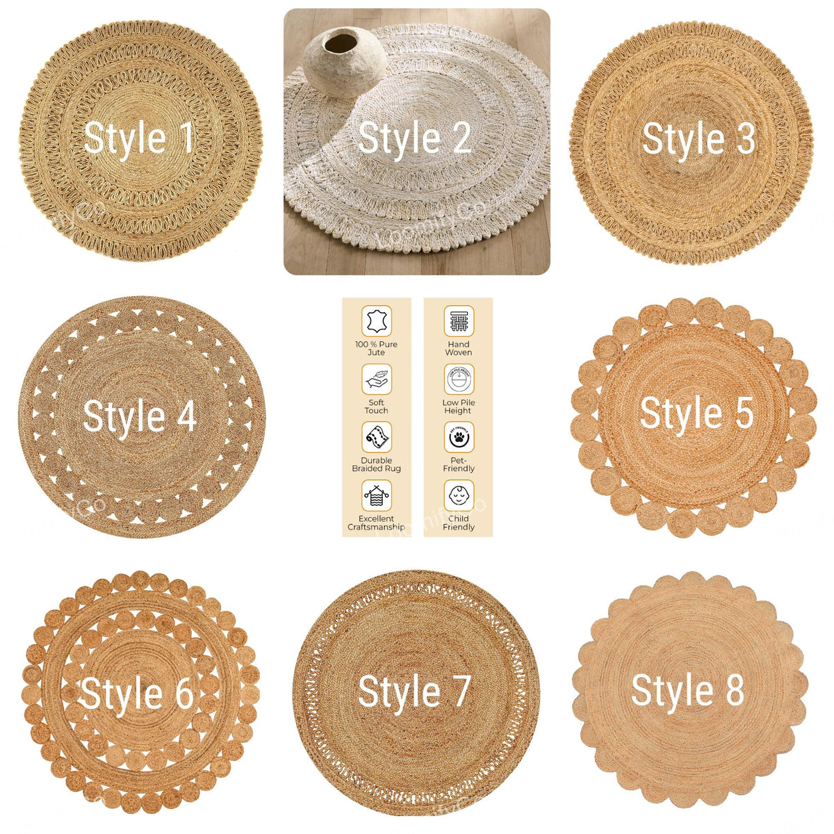 Natural Jute Round Rug in off white /Ivory , Eco Friendly Rug Round Braided Rug Hemp Rug Bohemian Rug Circle Rug boho Round