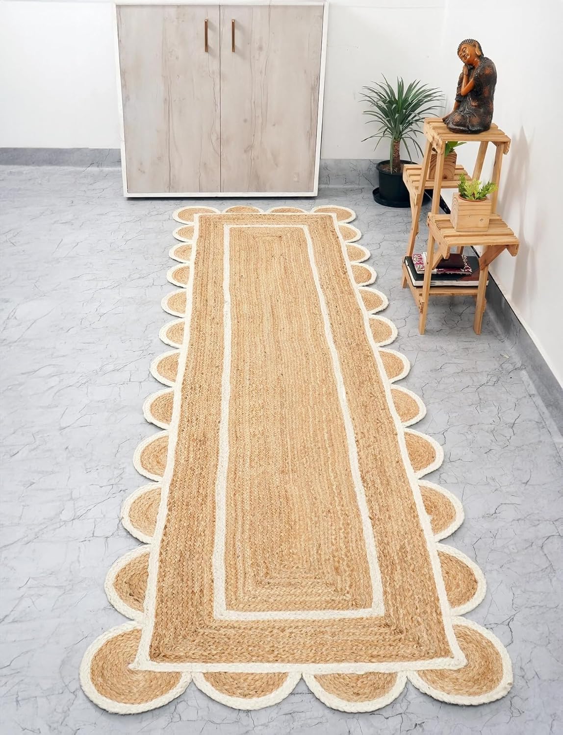 White Beige Jute Braided Runner Rugfor Living Room – Coastal handmade by LoomifyHome