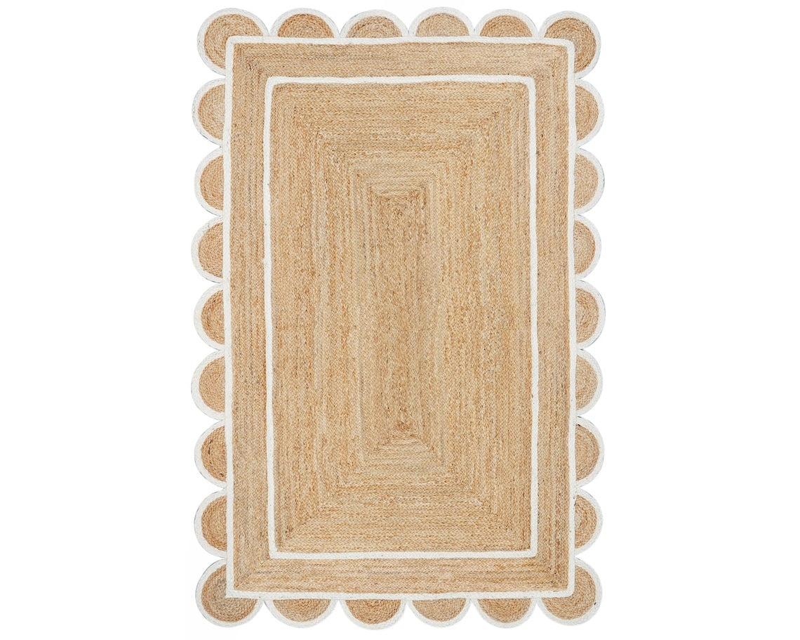 White Beige Jute Braided Scalloped Rugfor Living Room – Scalloped handmade by LoomifyHome