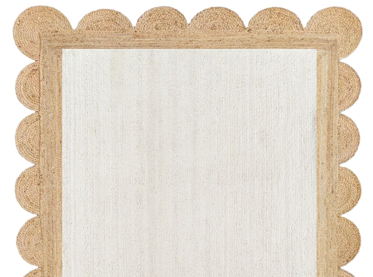 White Beige Jute Braided Scalloped Rugfor Living Room handmade by LoomifyHome