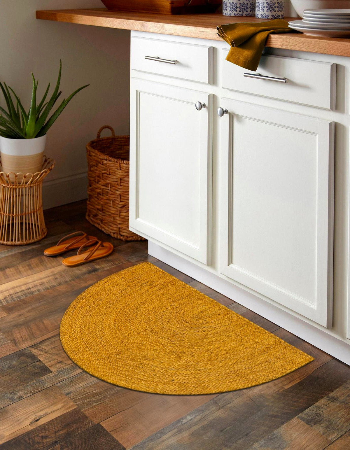 White Beige Jute Braided Half Moon Doormatfor Living Room – Yellow handmade by LoomifyHome
